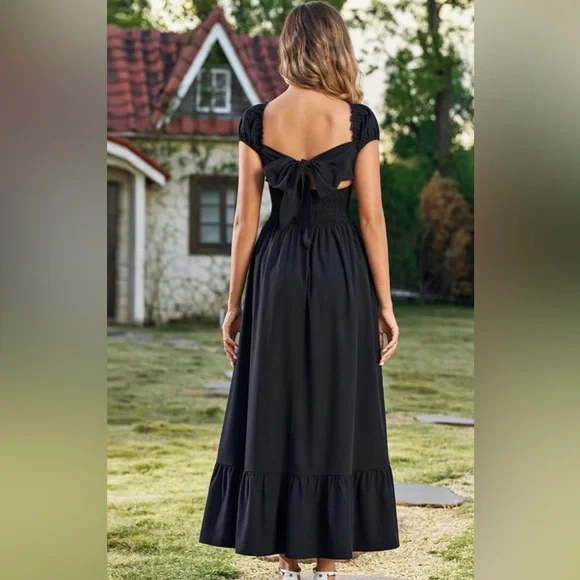 NWT XinFSh Black Maxi Dress A-Line Square Neck Tie Back Pockets Size XL - Picture 2 of 3